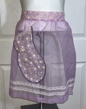 Vintage 1950s Sheer Half Apron Floral Lace Oven Mitt Pocket Purple 18"
