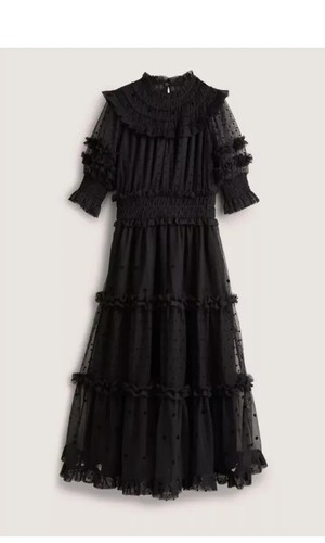 Boden Kleid schwarz Tüll Rüschen gepunktet neu mit Etikett - UK 14 R - UVP 220 £