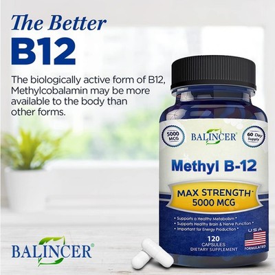 Methyl B12 120 Cap 5000mg Support Metabolism Immune Brain Nervous Nerve System