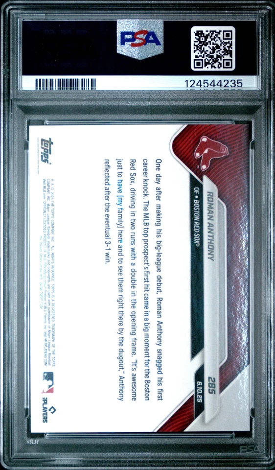Tarjeta de béisbol graduada 2025 Topps Now Roman Anthony #285 novato radiocontrol PSA 10 gemas como nueva Foto 2 de 2