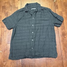 John Varvatos Linen Blend Camp Shirt M Black Button Short Sleeve Loop Collar