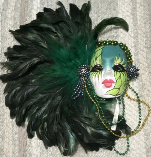 Green & Black Feather Beaded Mardi Gras Masquerade Eyemask Women One Size