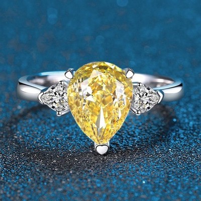 Certified 2ct Pear Lab Grown Yellow Diamond Three-Stone Ring, 18K Gold Vermeil