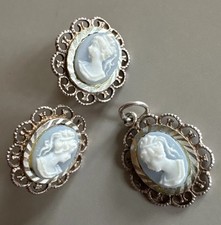 Sterling Silver 925 Small Blue & White Cameo Stud Studs Earrings & Oval Pendant