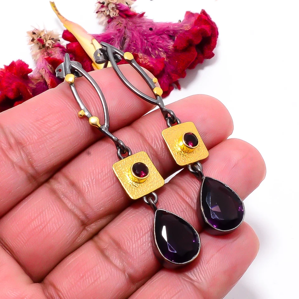 Pendiente amatista púrpura plata de ley 925 negro y oro rodio 2,34" Sku40 Foto 3 de 4