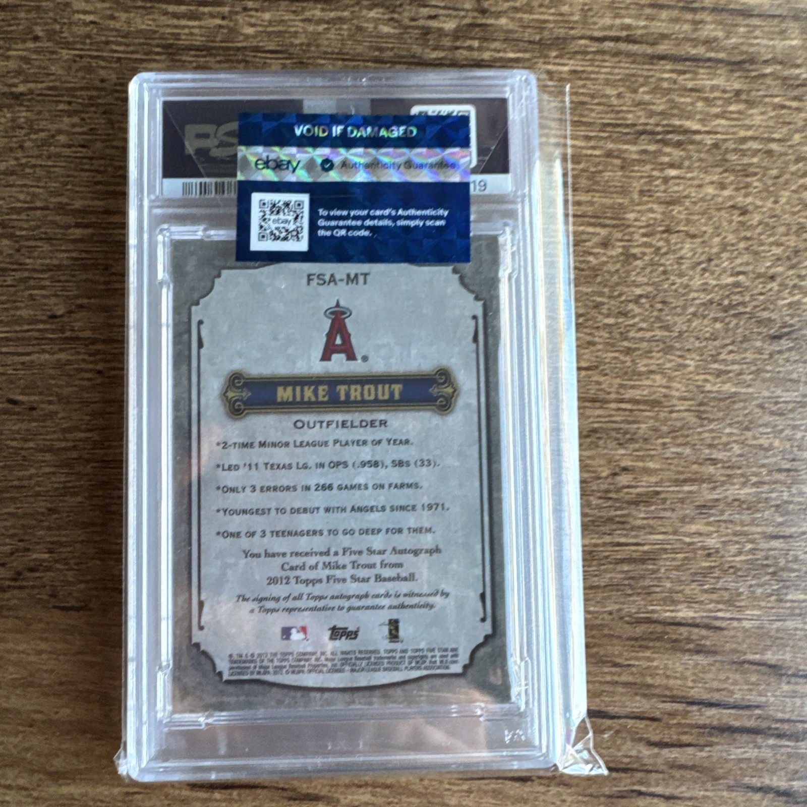 MIKE TROUT 2012 Topps Five Star /150 #FSA-MT EARLY Autograph Auto RARE PSA view 5