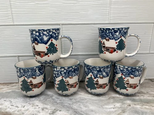 Cabin In The Snow Coffee Mugs Tienshan Folk Craft Christmas Tree Set of 6