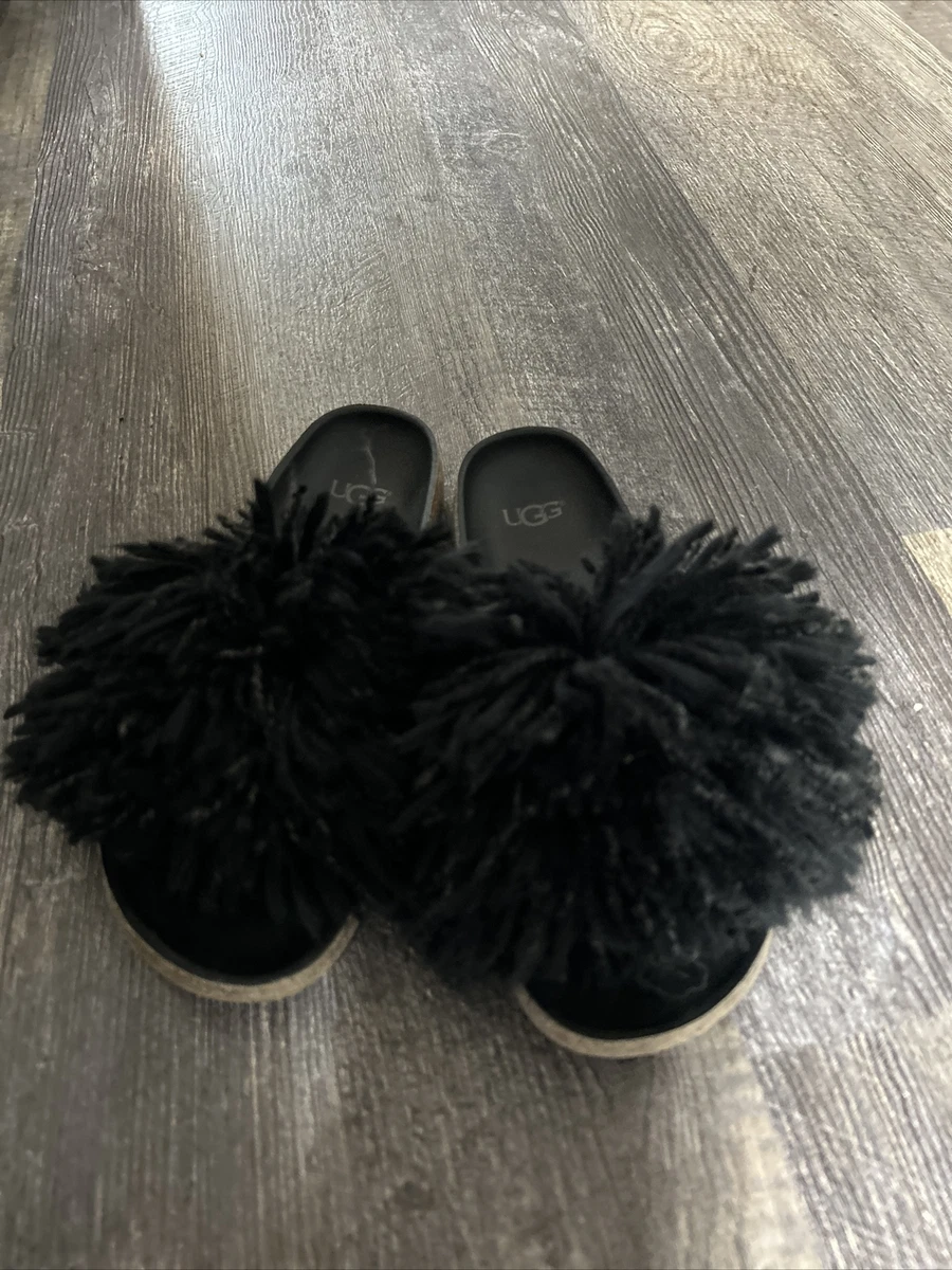 UGG CINDI BLACK YARN FRINGE CORK SOLE SLIDE SANDALS WOMEN US 8