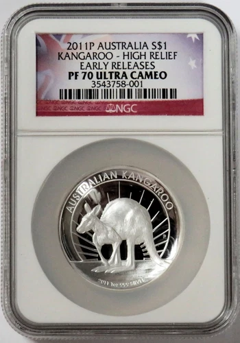 2011 P AUSTRALIA SILVER KANGAROO HIGH RELIEF COIN NGC PF 70 UC EARLY RELEASES