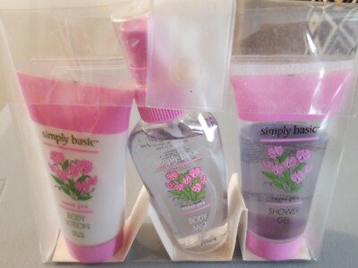 Simply Basic Sweet Pea Body Lotion; Mist; Shower Gel - set 2 oz each in case