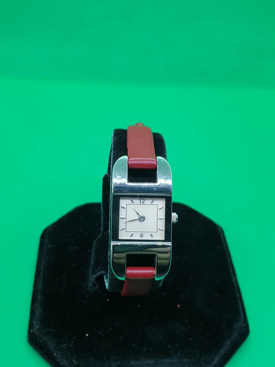 ladies marks spencer silver tone watch beige face red leather strap. 106