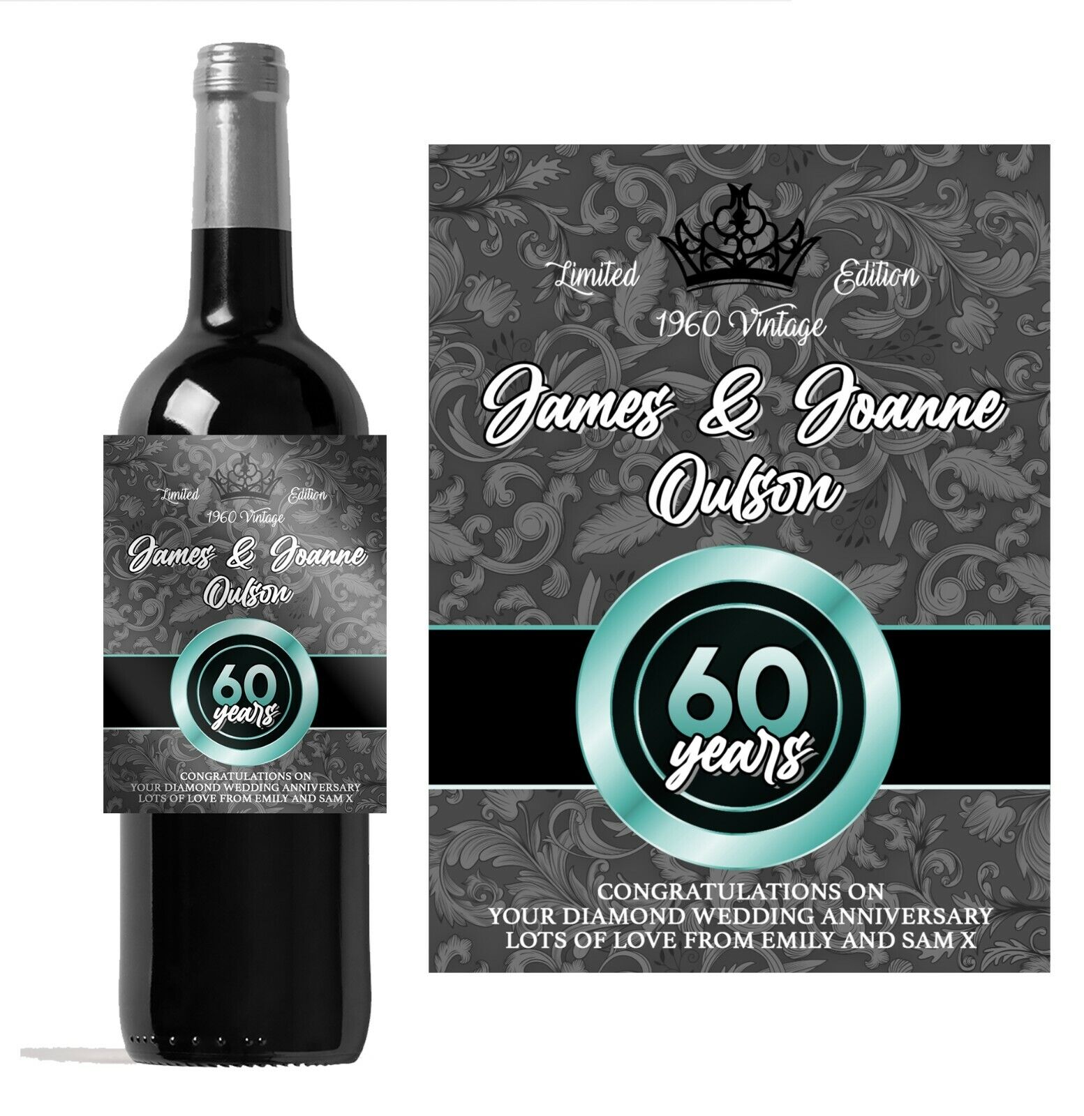 Personalised Wine bottle label 60th DIAMOND wedding anniversary/