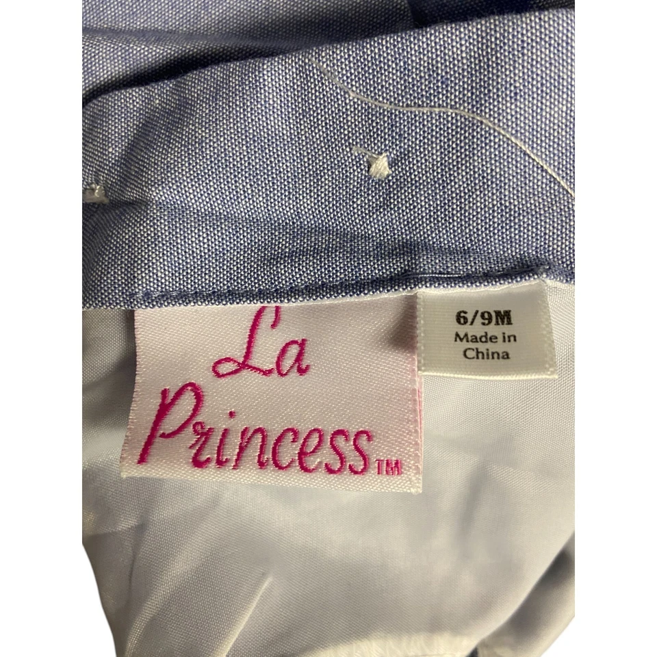 La Princess 连衣裙 婴儿/女宝宝 尺寸 6/9M 蓝色格子蕾丝无袖 — 第 3/4 张图片