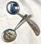 Antique S Kirk & Son Repousse Sterling  7" Gravy Ladle & 5 1/2" Bonbon Spoon