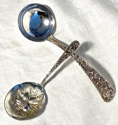 Antique S Kirk & Son Repousse Sterling  7" Gravy Ladle & 5 1/2" Bonbon Spoon