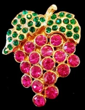 Gorgeous 1" Brass Grapes Pin Brooch Faux Jewels