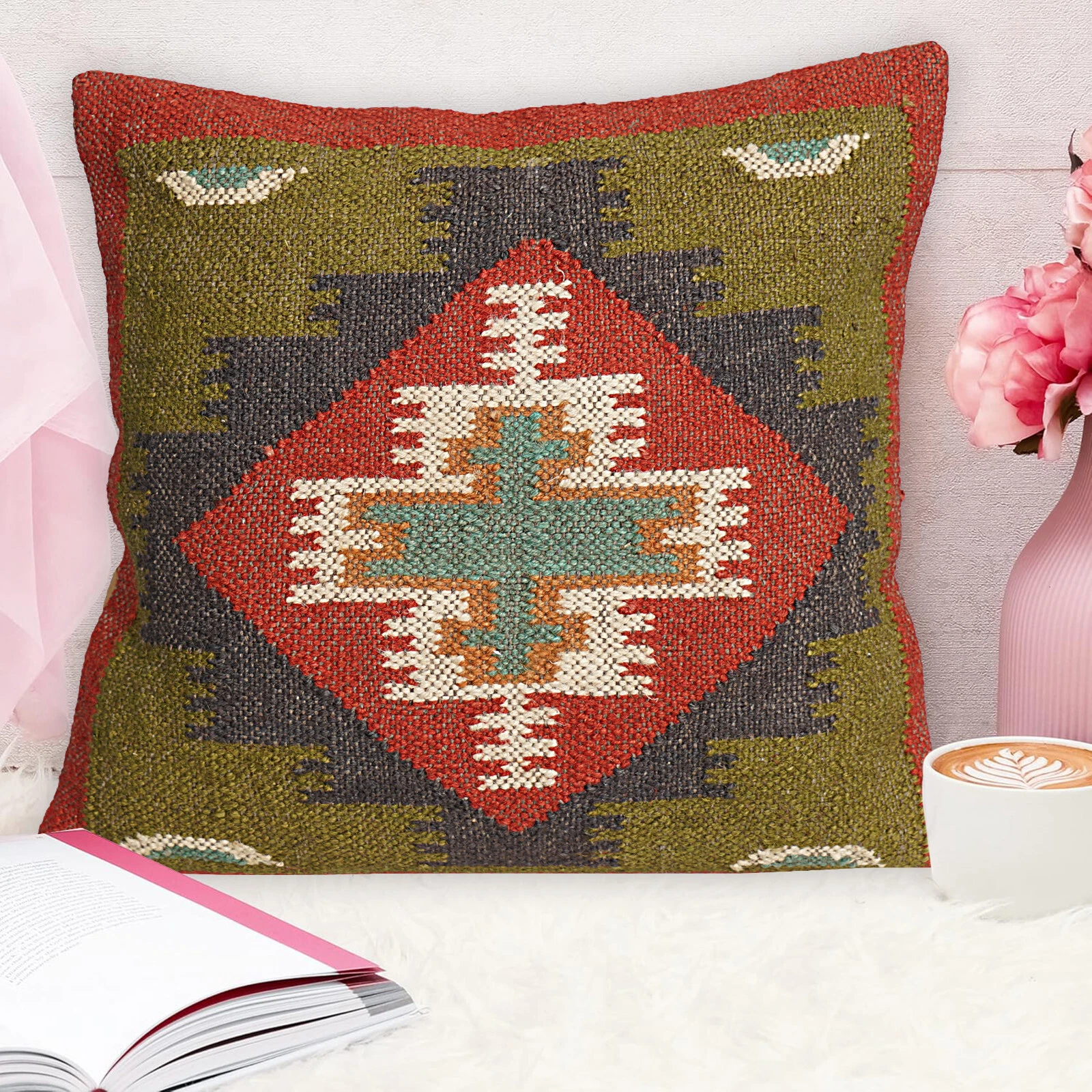 18x18 Vintage Indian Cushion Cover Throw Indian Wool Jute Handmade Kilim Pillow
