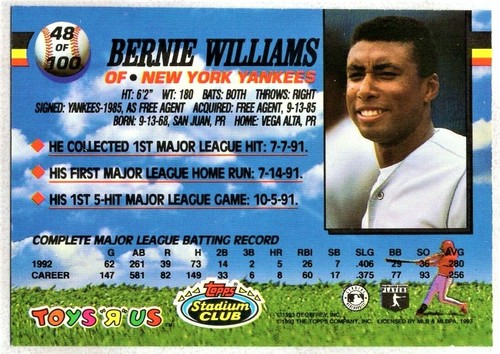 BERNIE WILLIAMS - 1993 TOPPS STADIUM CLUB TOYS R US YOUNG STAR - 第 2/2 張圖片
