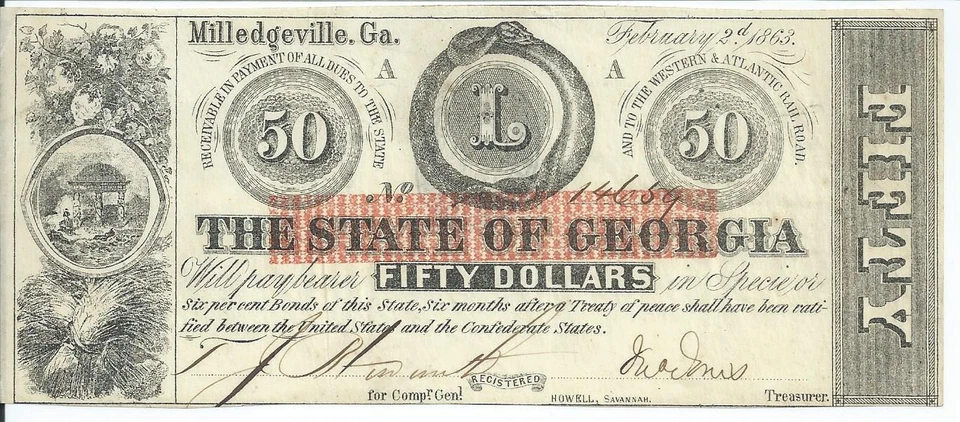 $50 1863 Georgia Milledgeville Error Misaligned Red Overprint #14659 Rattlesnake - Image 3 of 3