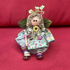 Spool Doll Button Wooden Angel Garden Sunflower Country Curly Brown Hair