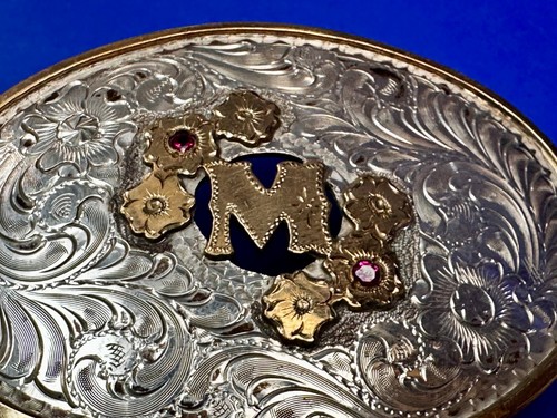 Custom Initial Letter Monogram M Vintage Silver Overlay Silverado Belt Buckle - Picture 5 of 24