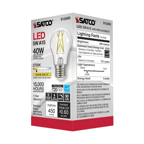 Satco S12400 LED Filament Bulb 120V 5W A15 Medium E26 Clear 2700K Warm White - Picture 4 of 6