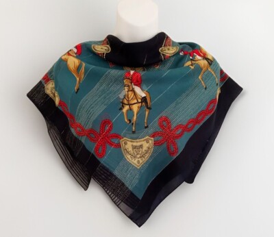Vintage LAWRENCE BENTLEY Italy Women Scarf Equestrian Crest Gold Metallic