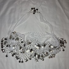 White Belly Dance Hip Skirt Chiffon Scarf Wrap Belt 3 Rows Silver Metal Coins