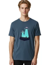 Ufos-Over-City Mens Graphic Tee, 100% Cotton, Casual Summer Wear