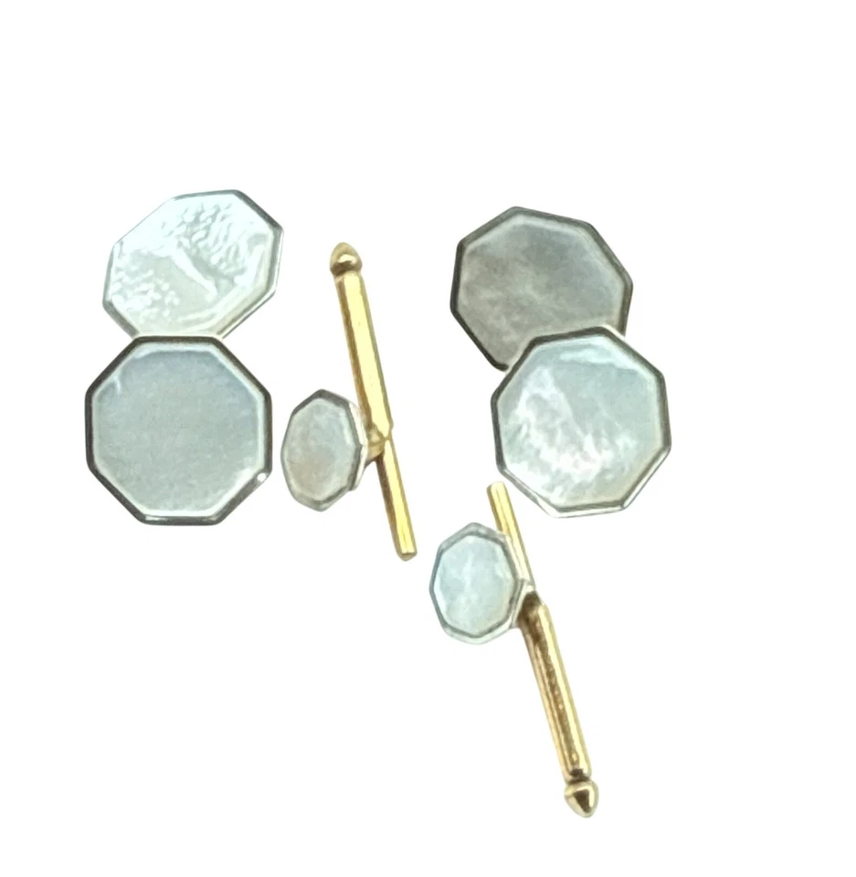Conjunto de abotoaduras octógono folheadas a ouro Swank madrepérola vintage formal - Imagem 3 de 4