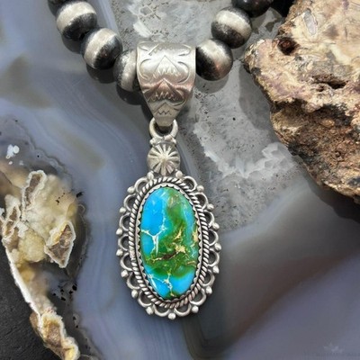 Sterling Silver Southwestern Style Oval Sonora Gold  Turquoise Pendant For Women