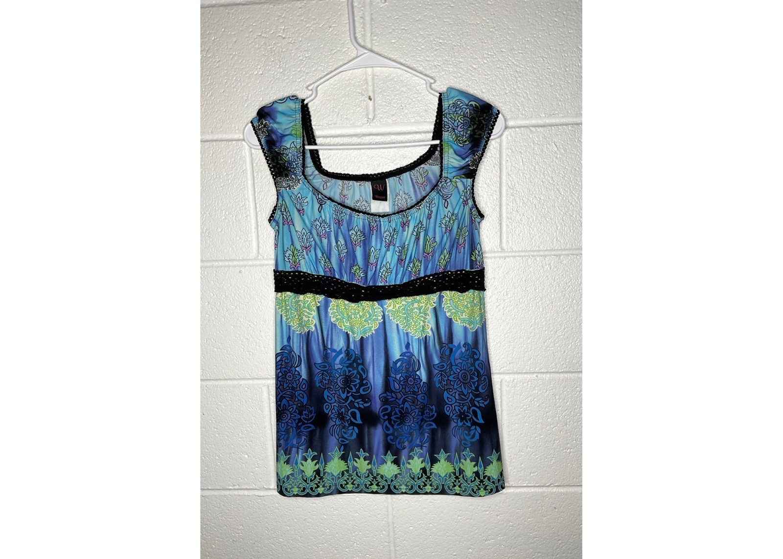 Y2K Wrapper Blue & Green Patterned Sleeveless Top… - image 1