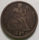 1887-S Seated Liberty Silver Dime VF, San Francisco 10C coin