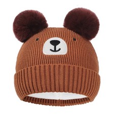 KDVOG Baby Cute Bear Beanie with Pompom, Infant Toddler 6-24 Months, Brown