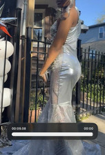 Silver Mermaid Formal Gown with Lace, Embellishments, and Sheer Train