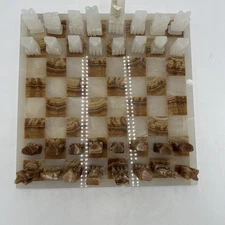 Vintage Mexican Aztec Marble Chess Set Board Hand Carved Pieces 13 Inch