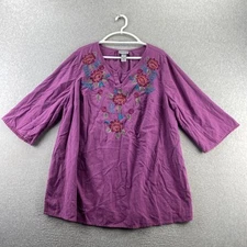 Catherines Embroidered Top Blouse Plus 1XL Purple Floral Cotton Pullover