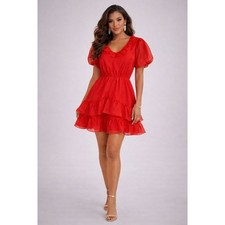 Show Me Your Mumu Jennie Ann Dress Red Organza Ruffle Puff Sleeve Mini Dress
