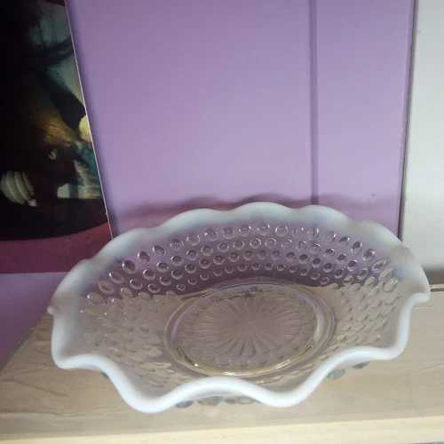 Vintage Anchor Hocking Moonstone Opalescent Hobnail Ruffle Edge Candy Dish