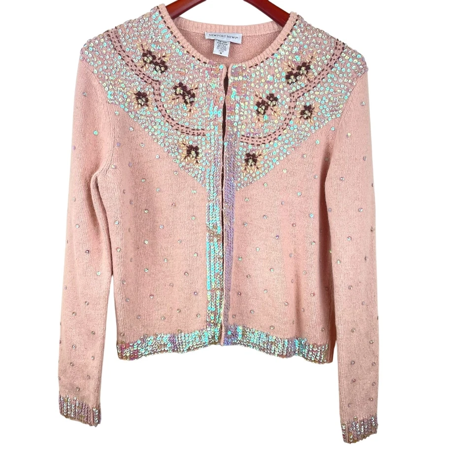 Cárdigan vintage para mujer talla M seda hada lentejuelas casa de campo brillante vacaciones rosa Foto 2 de 4