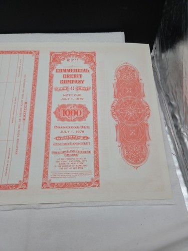 Commercial Credit Co. $1000 Stock Certificate, 4.75% Note Due 1979, Rare Bond - Imagen 6 de 7
