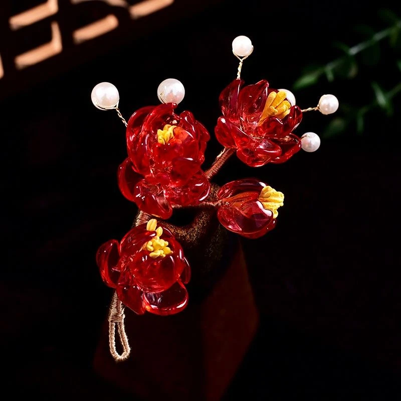 Red Butterfly Flower Hairpin Glass Hair Clip Vintage Chinese Style Accessory - Image 3 of 4