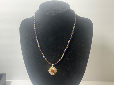 Vintage Michal Golan Beaded Pendant Neclace Signed Blue Maroon