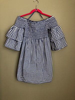 blue and white gingham dress