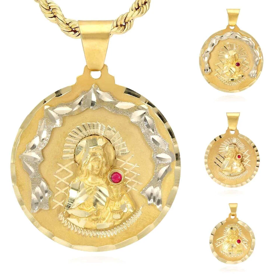 Colgante Medallón Redondo Rubí Santa Bárbara Religioso Oro Amarillo 14K 1"-1.7" Foto 2 de 4