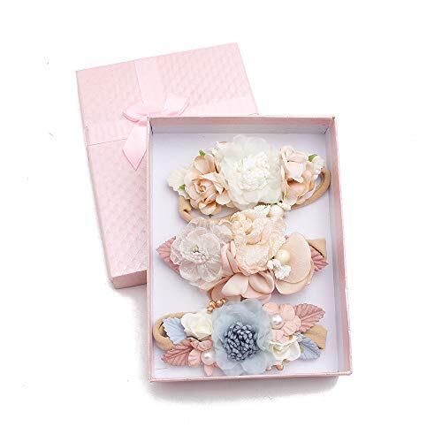 3pcs Baby Girl Headbands Flowers, Super Soft & Stretchy Nylon Beige-blue - Picture 2 of 7
