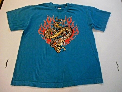 CRB boy short sleeve blue t-shirt w/silver foil skulls & brown/yellow snake Sz L - Picture 9 of 10