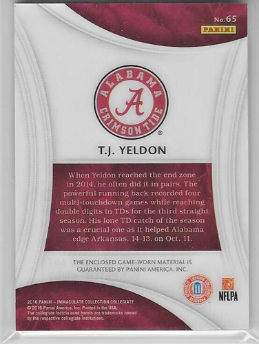 2016 TJ YELDON Immaculate Collection Collegiate Materials #65 Alabama /25 - Picture 2 of 2