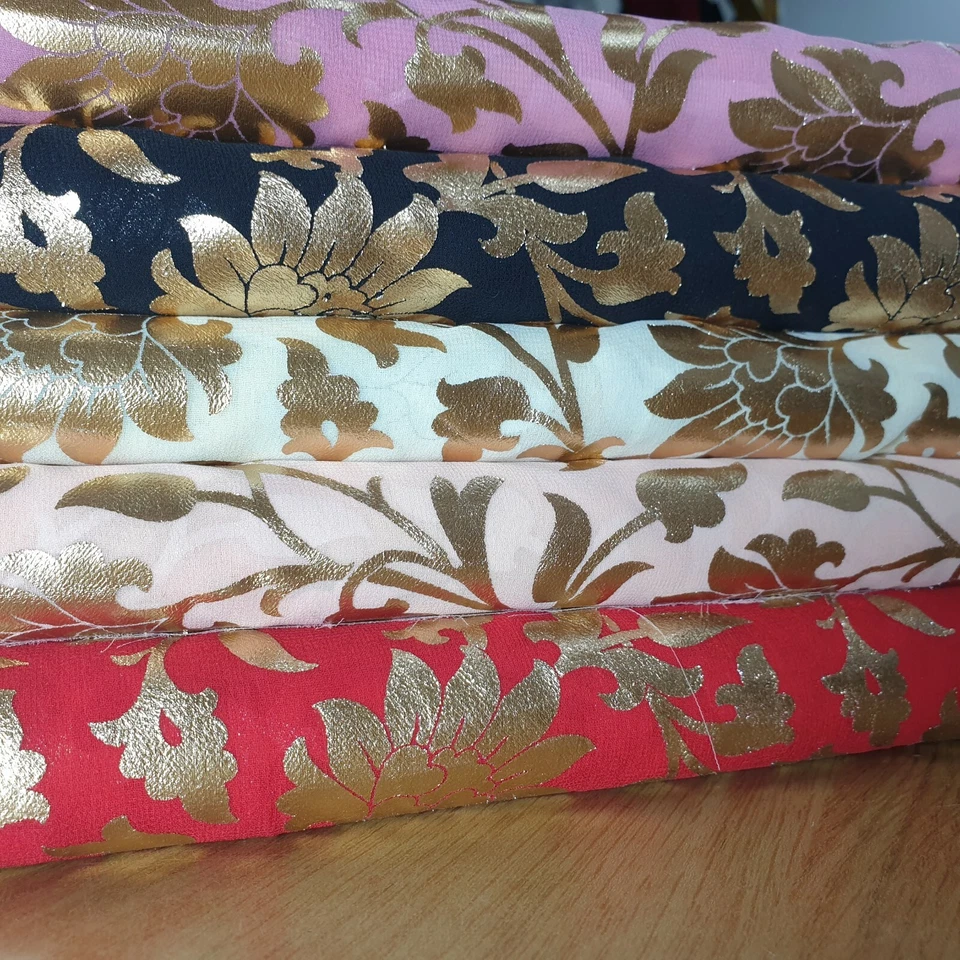HOMECART Floral Gold Foil Chiffon Sheer Crepe Material Dress Craft Drape Fabric 44" Meter