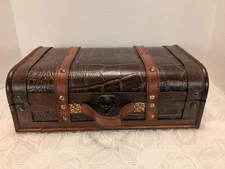 Faux Leather & Wood Decorative Chest Trunk Alligator Pattern & Strap Detail
